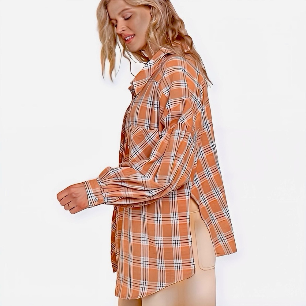 POL Orange Plaid Button Up Shirt Oversized L - Picture 3 of 16